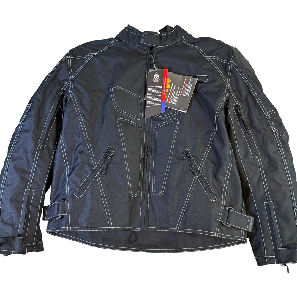 Wicked Stock Mens All Weather Motorcycle Jacket Black White Stitch Armored Small